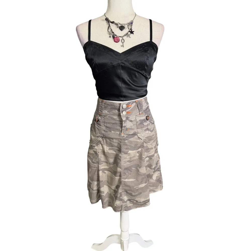 Rewind Y2K‎ Camo Midi Skirt Low Rise Cargo Style Gray Camouflage